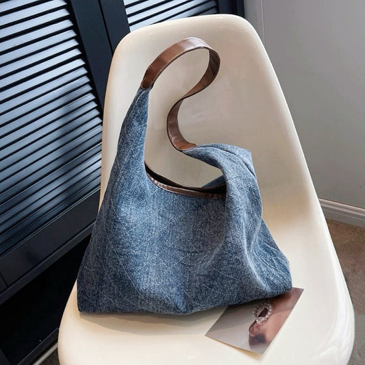 Dam Axelremsväska Denim med Diamantmönster Justerbar Rem-1