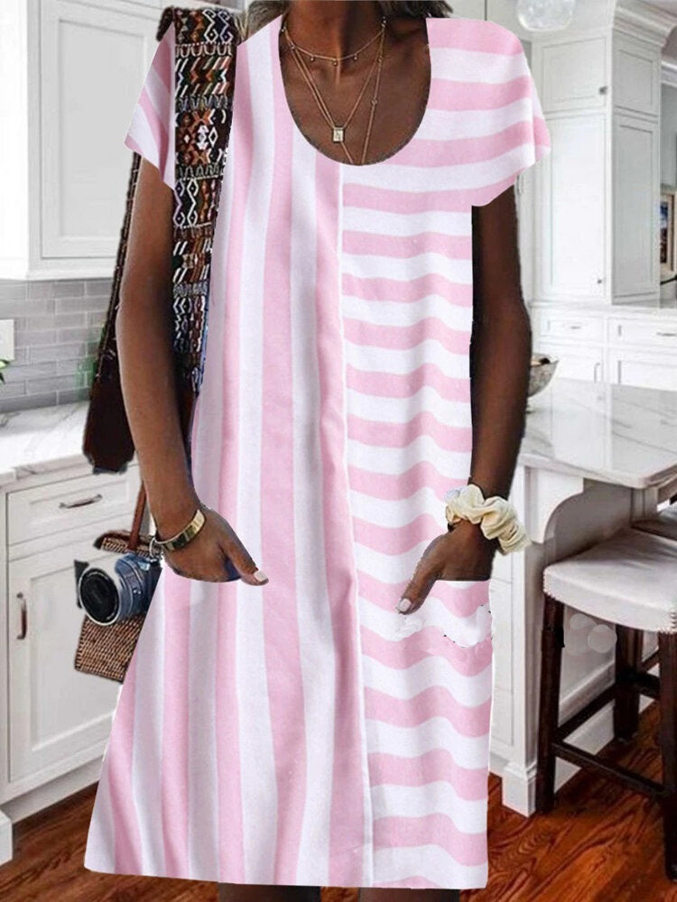 Dam Midiklänning Randig Patchwork Korta Ärmar 100% Bomull-2