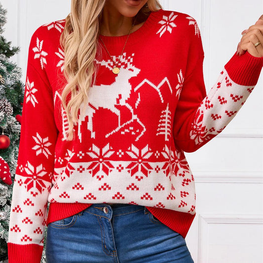 Dam Stickad Tröja med Hjortmönster för Vinter-1