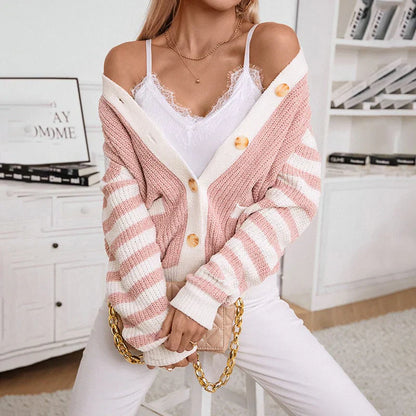 Dam Kofta Överdimensionerad Randig Knappdesign Mjukt Tyg-2