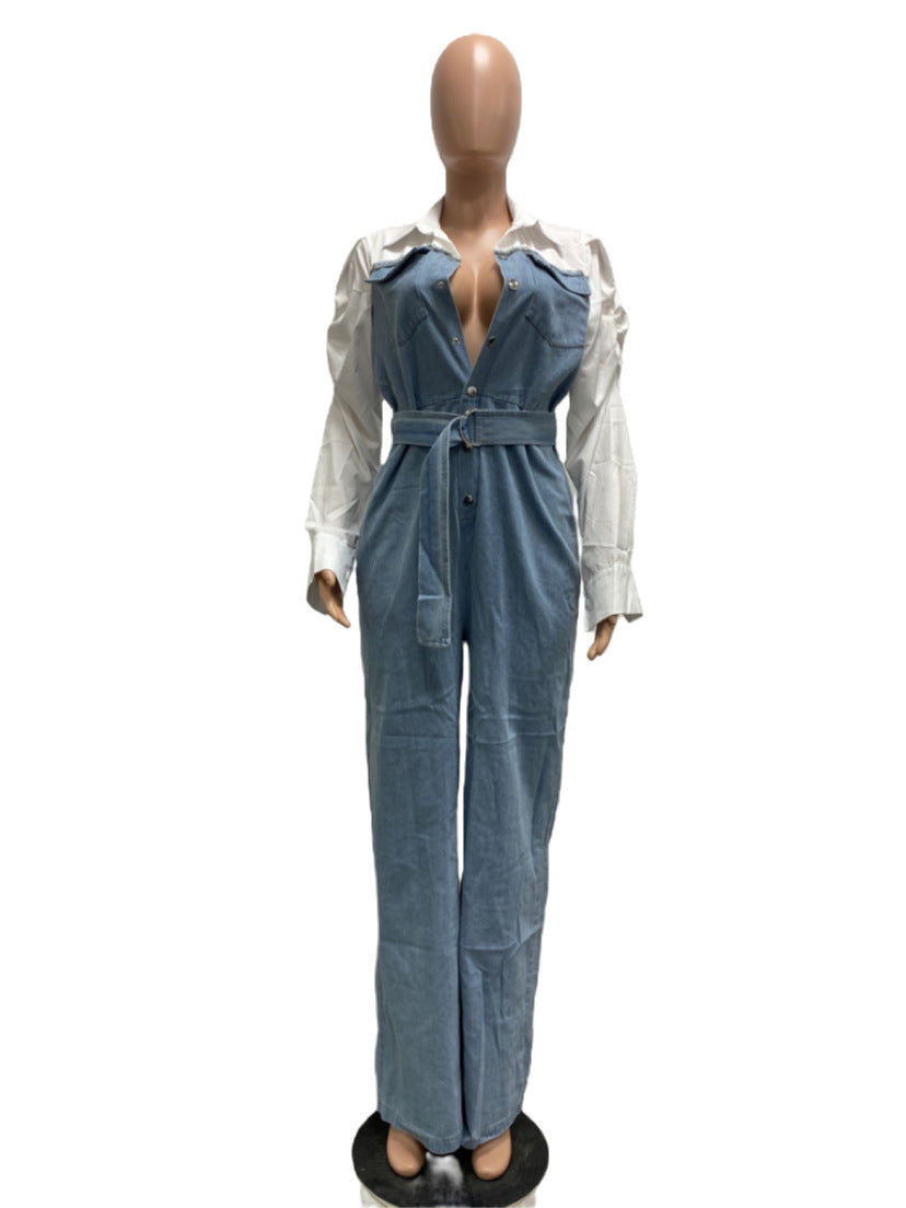 Dam Jumpsuit Avslappnad Denim Plusstorlek-5