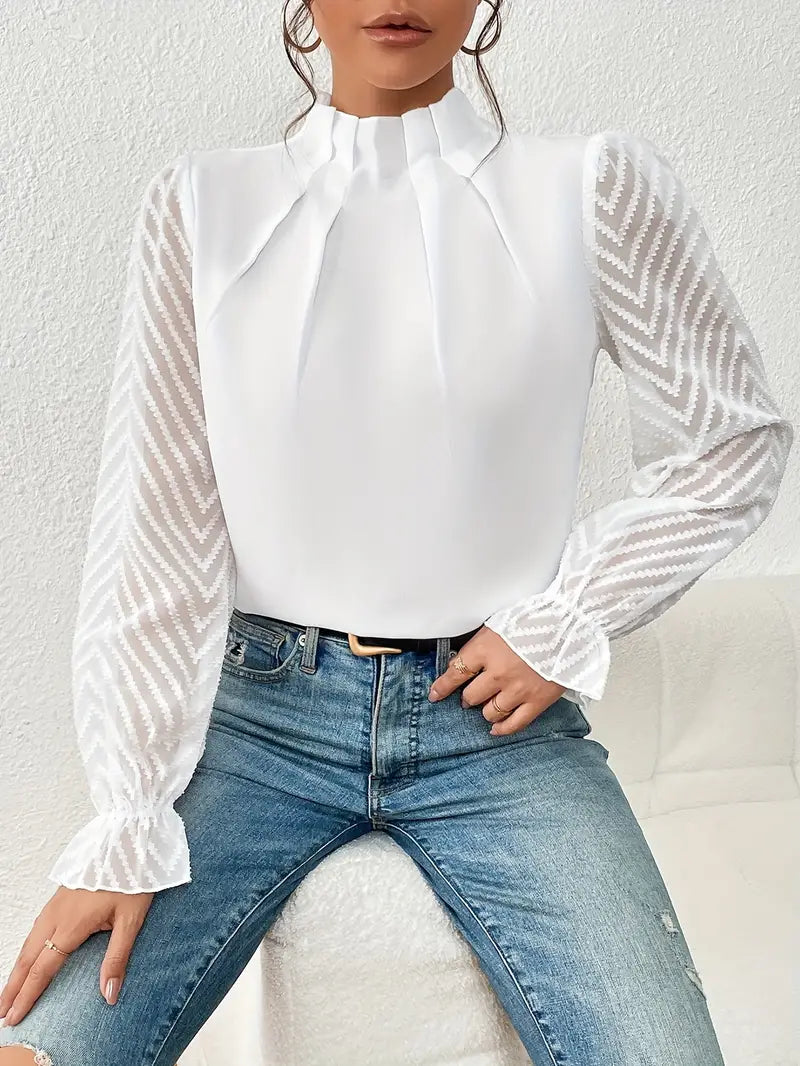 Dam Blus med Nätverksärmar och Veckad Design i Högkvalitativt Tyg-6