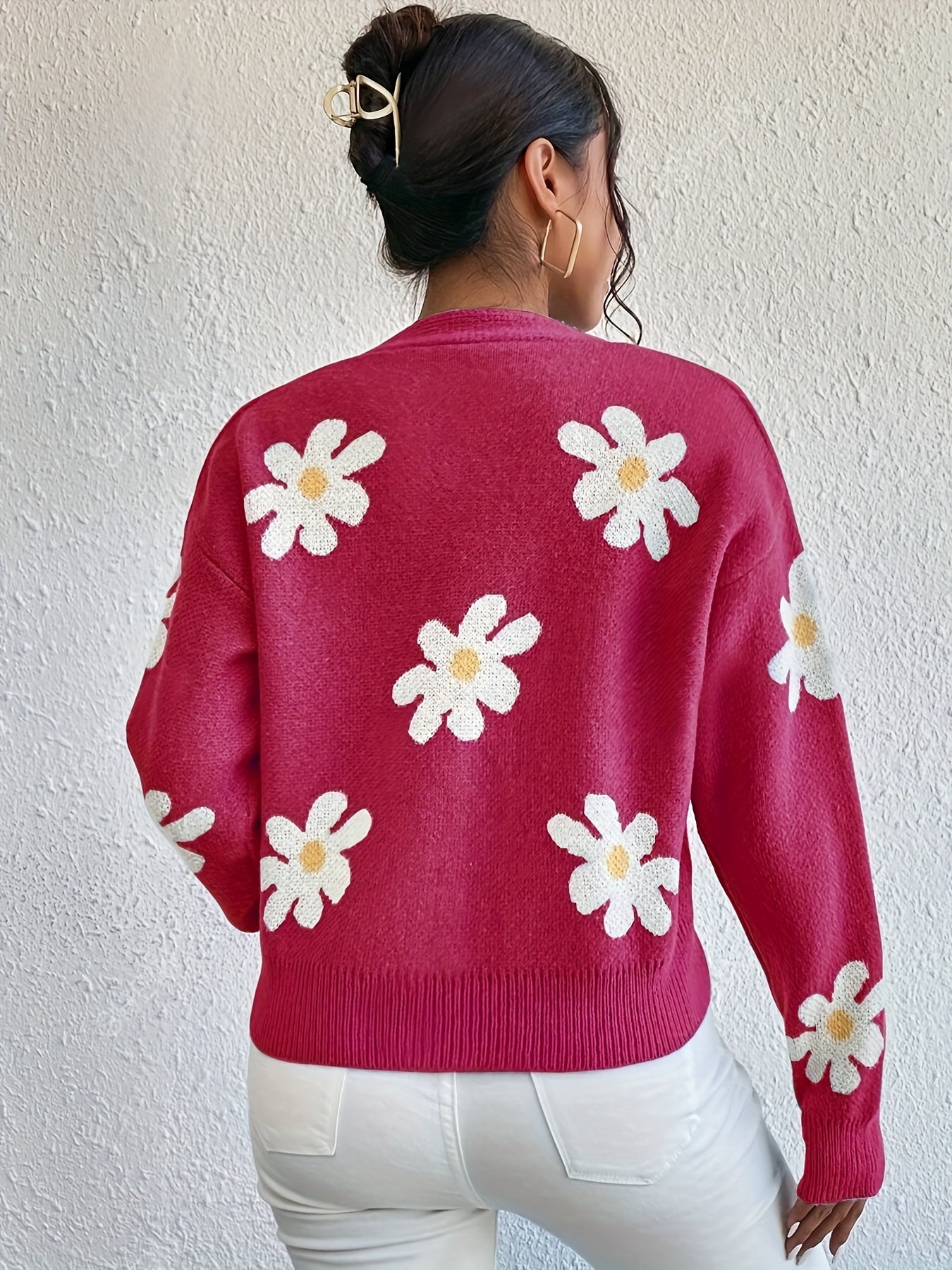 Stickad Dam Tröja Långa Ärmar Blommönster Mjuk Material-4