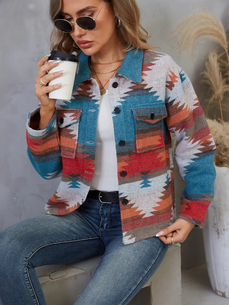 Dam Bomullsjacka Retro Aztec Mönster Bred Passform-5