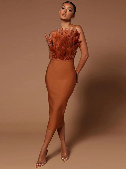 Kvinnoklänning Hög Midja Ärmlös Polyester med Fjäderdekoration-5