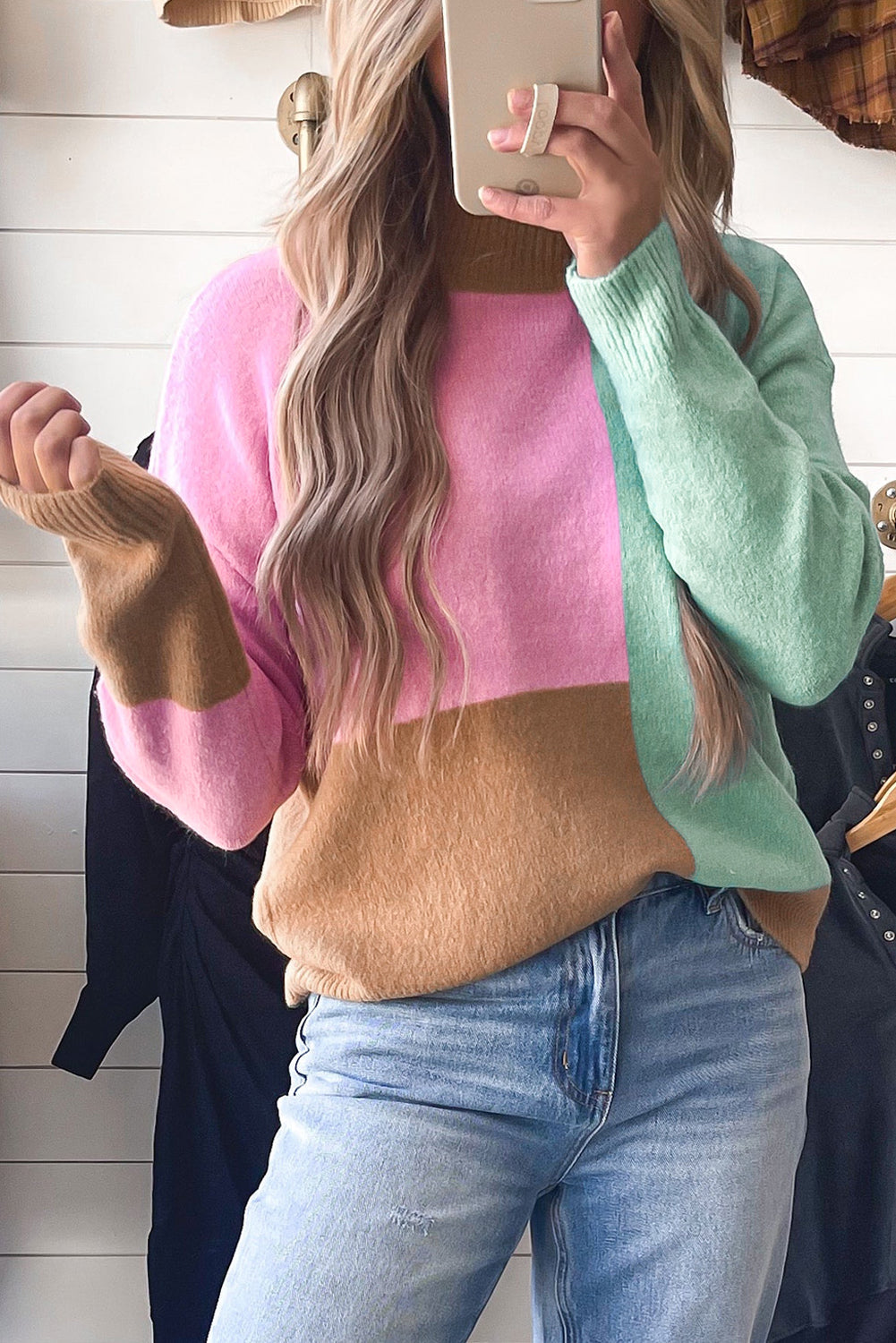 Dam Turtleneck Tröja Färgblockad Ribbad Hem-1