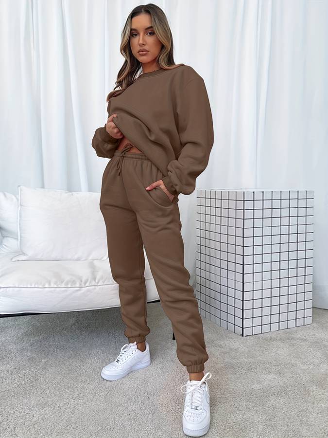 Tvådelat Jogging Set för Dam, Överdimensionerad Polyester, Långärmad Tröja och Medelhöga Byxor 11