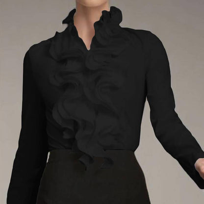 Vit Dam Blus Ruffled Polyester med Stand-Up Krage-1