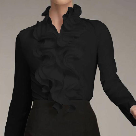 Vit Dam Blus Ruffled Polyester med Stand-Up Krage-1