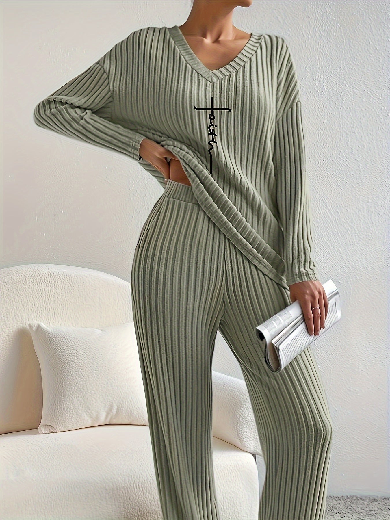 Kvinnors Topp V-Hals Ribbad Bomull Faith 9