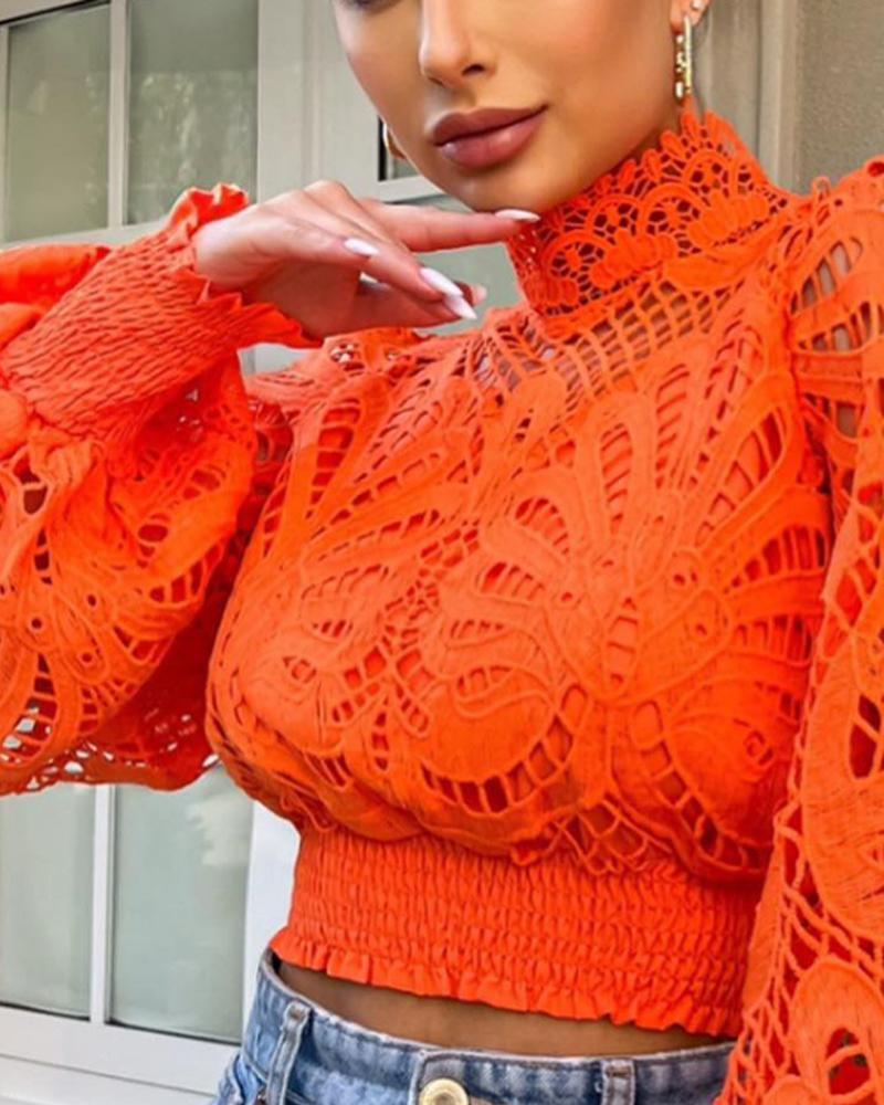 Dam Festtopp Klockärmad Ihålig Polyester-4