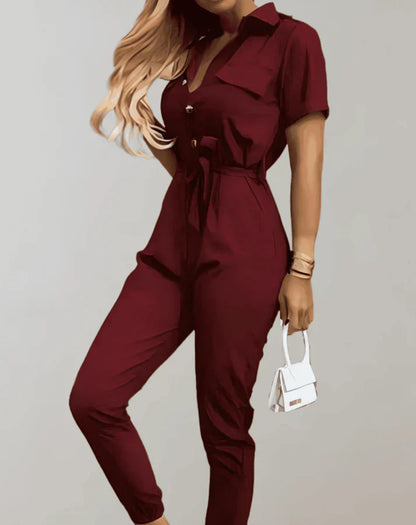 Dam Jumpsuit Med Knappstängning och Midjebälte Högkvalitativt Tyg-5