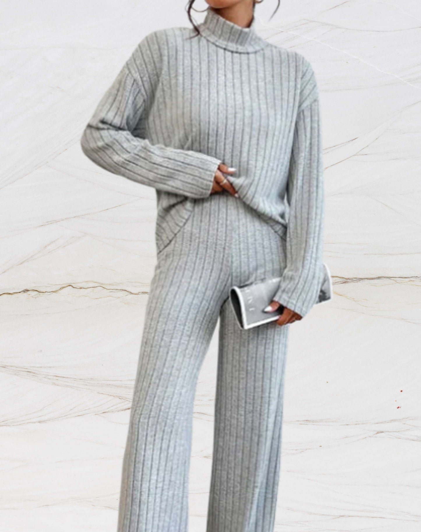 Dam Loungewear Set Ribbstickad 100% Bomull-5