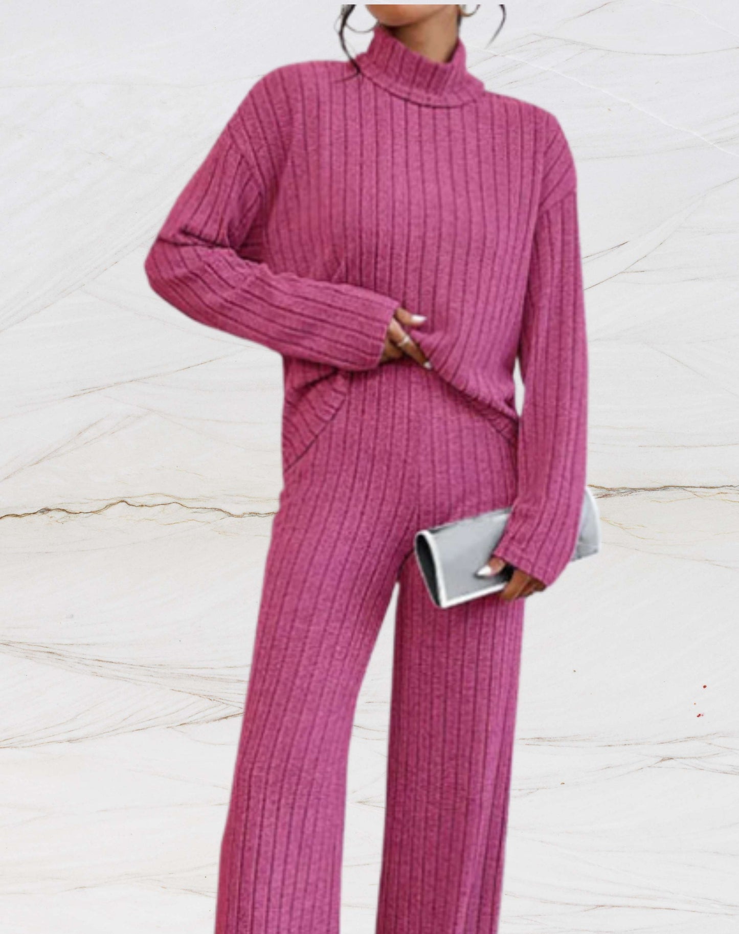 Dam Loungewear Set Ribbstickad 100% Bomull-2