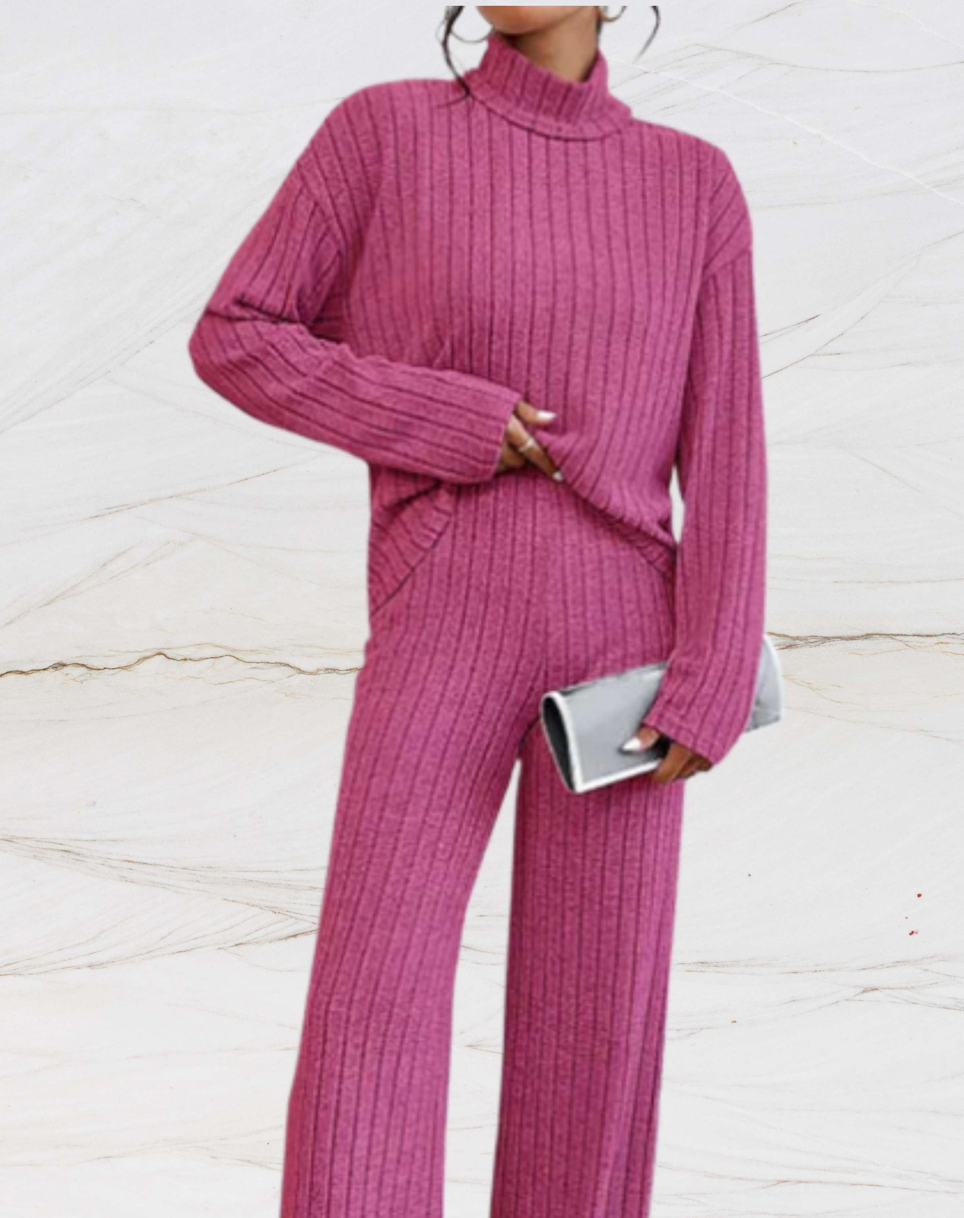 Dam Loungewear Set Ribbstickad 100% Bomull-2