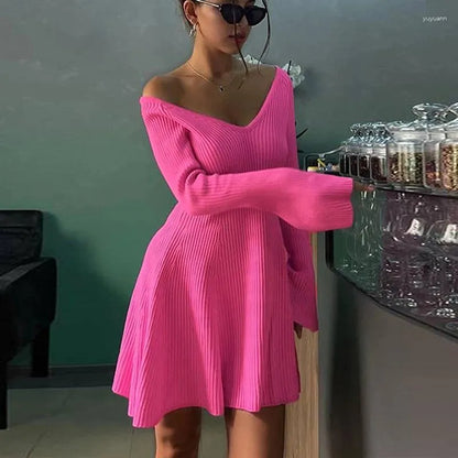 Kvinnors Axel-fri Klänning Rippad Stickad-4