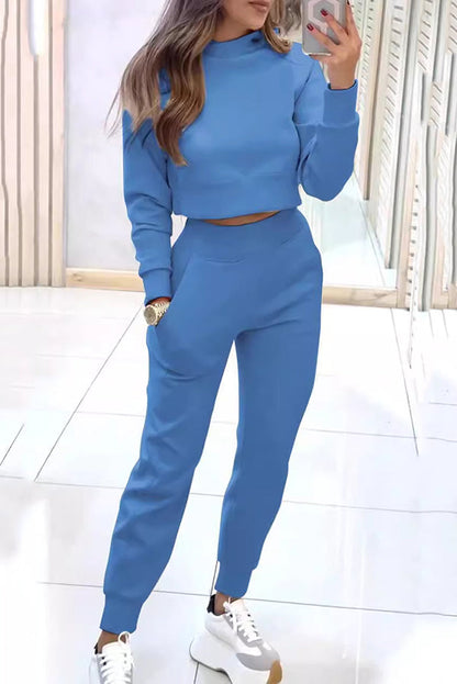Kvinnors Höstset Långärmad Crop Top och Byxor Mjuk Tygblandning-4