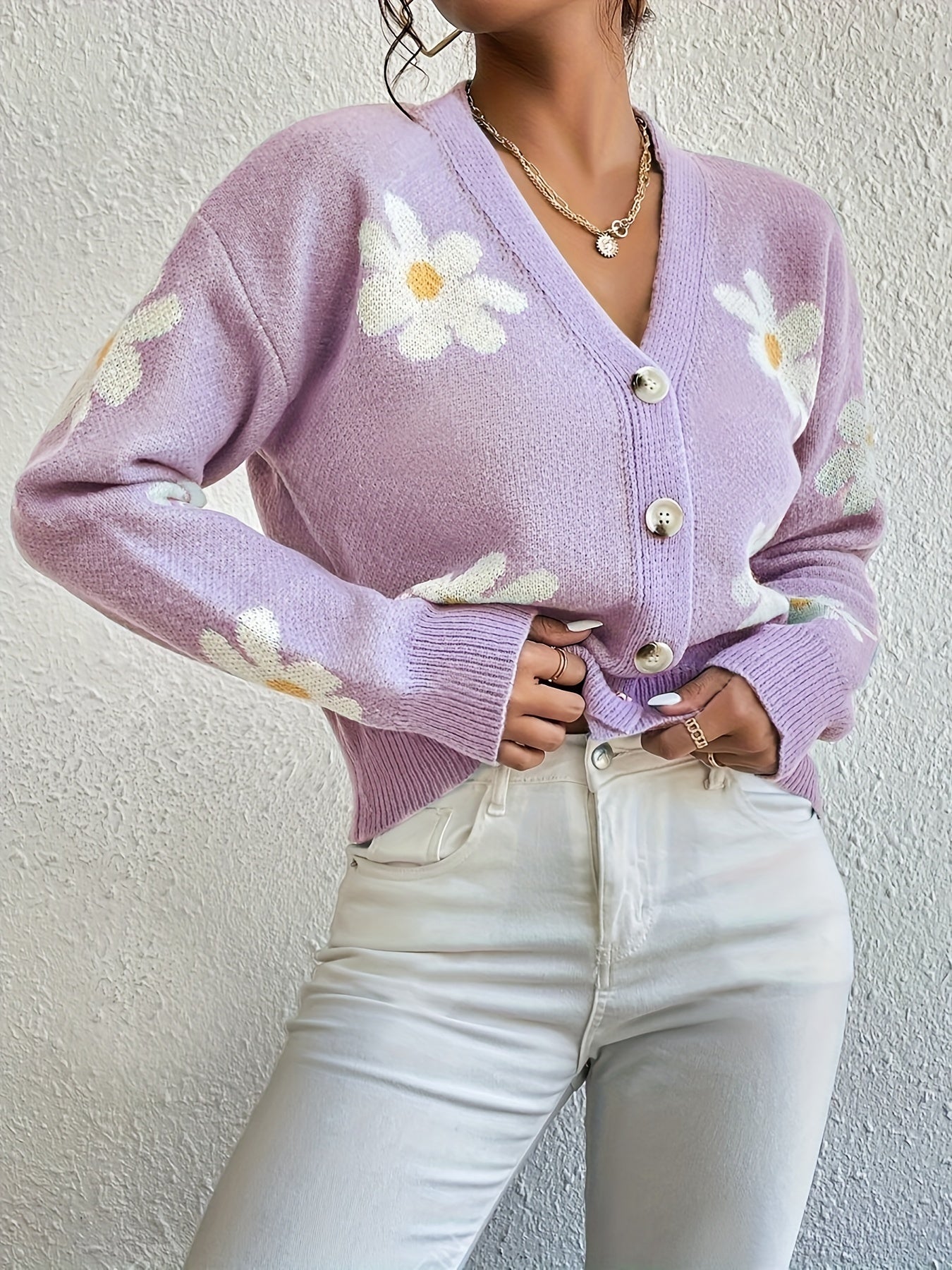 Variant image for Stickad Dam Tröja Långa Ärmar Blommönster Mjuk Material-16