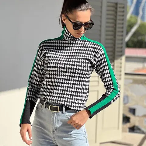 Dam Tröja Hög Krage Randig Andningsbart Material-1