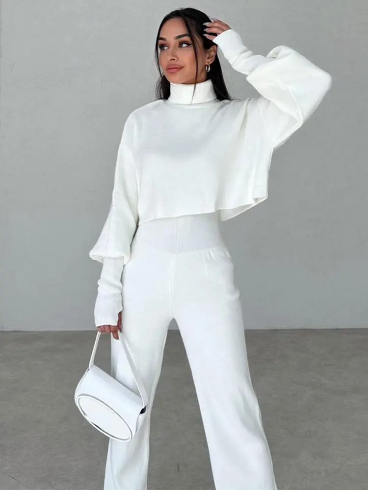 Dam Turtleneck Ensemble Mysig Byxa och Topp Mjuk Blandning-3