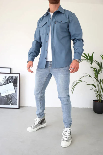 Herrjacka Minimalistisk Knappstängning Lätt Tyg med Bröstfickor-1
