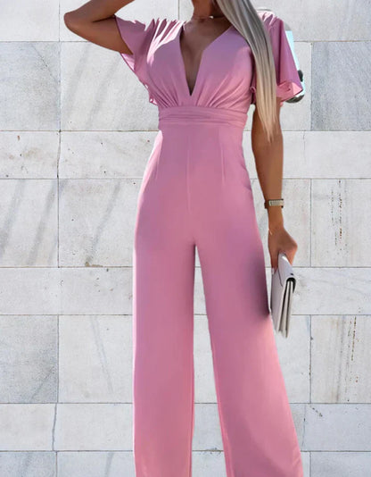 Dam Jumpsuit Djup V-ringning Kortärmad Högkvalitativt Tyg-3