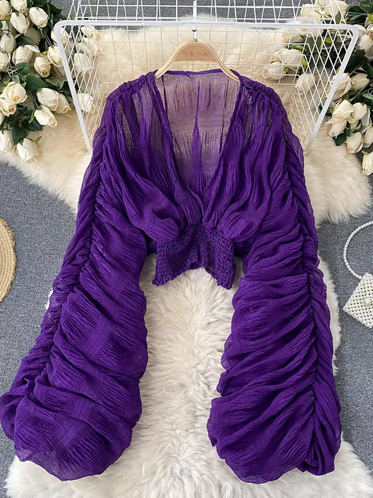 Variant image for Dam Blus V-hals Chiffong Långa Ärmar Trendig Stil-2