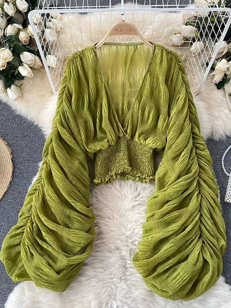 Dam Blus V-hals Chiffong Långa Ärmar Trendig Stil-1