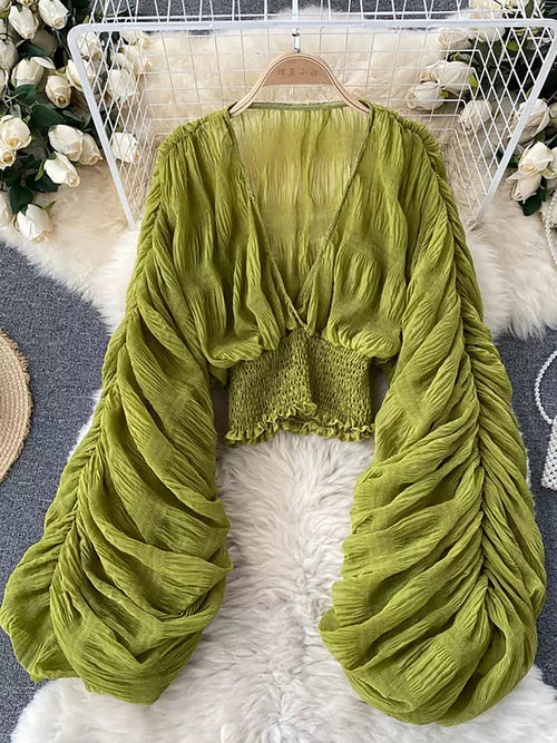 Dam Blus V-hals Chiffong Långa Ärmar Trendig Stil-1