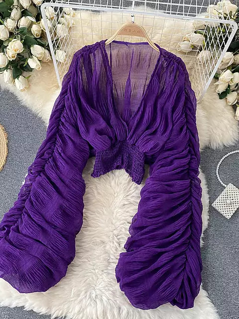 Dam Blus V-hals Chiffong Långa Ärmar Trendig Stil-5