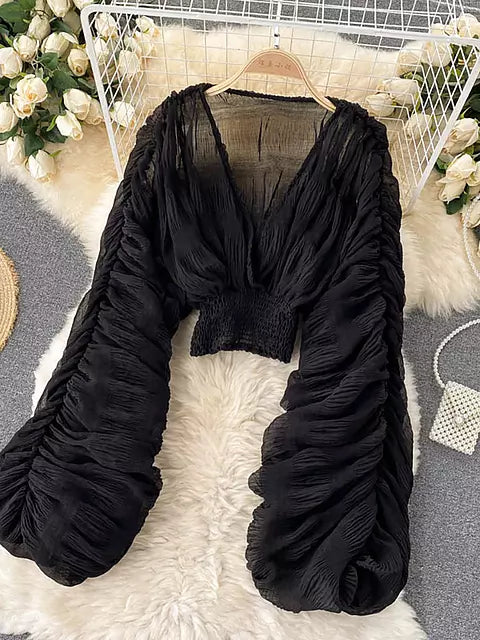 Variant image for Dam Blus V-hals Chiffong Långa Ärmar Trendig Stil-3