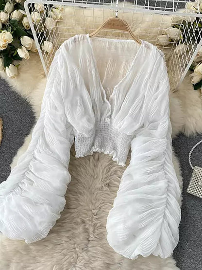 Dam Blus V-hals Chiffong Långa Ärmar Trendig Stil-6