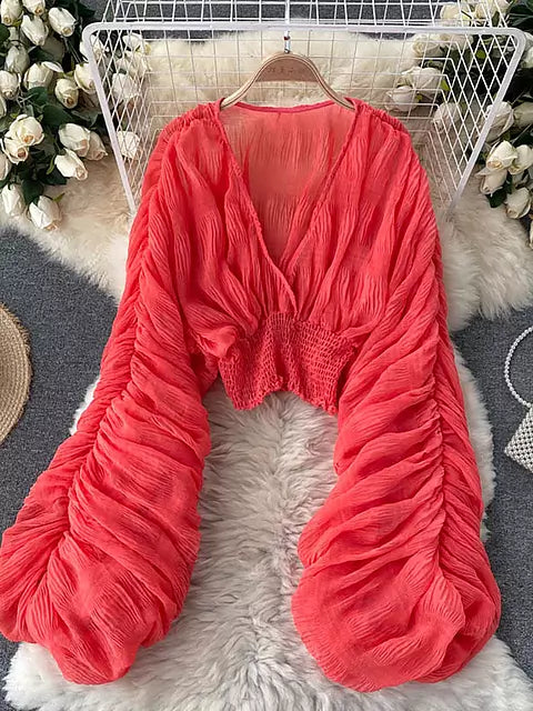 Variant image for Dam Blus V-hals Chiffong Långa Ärmar Trendig Stil-5