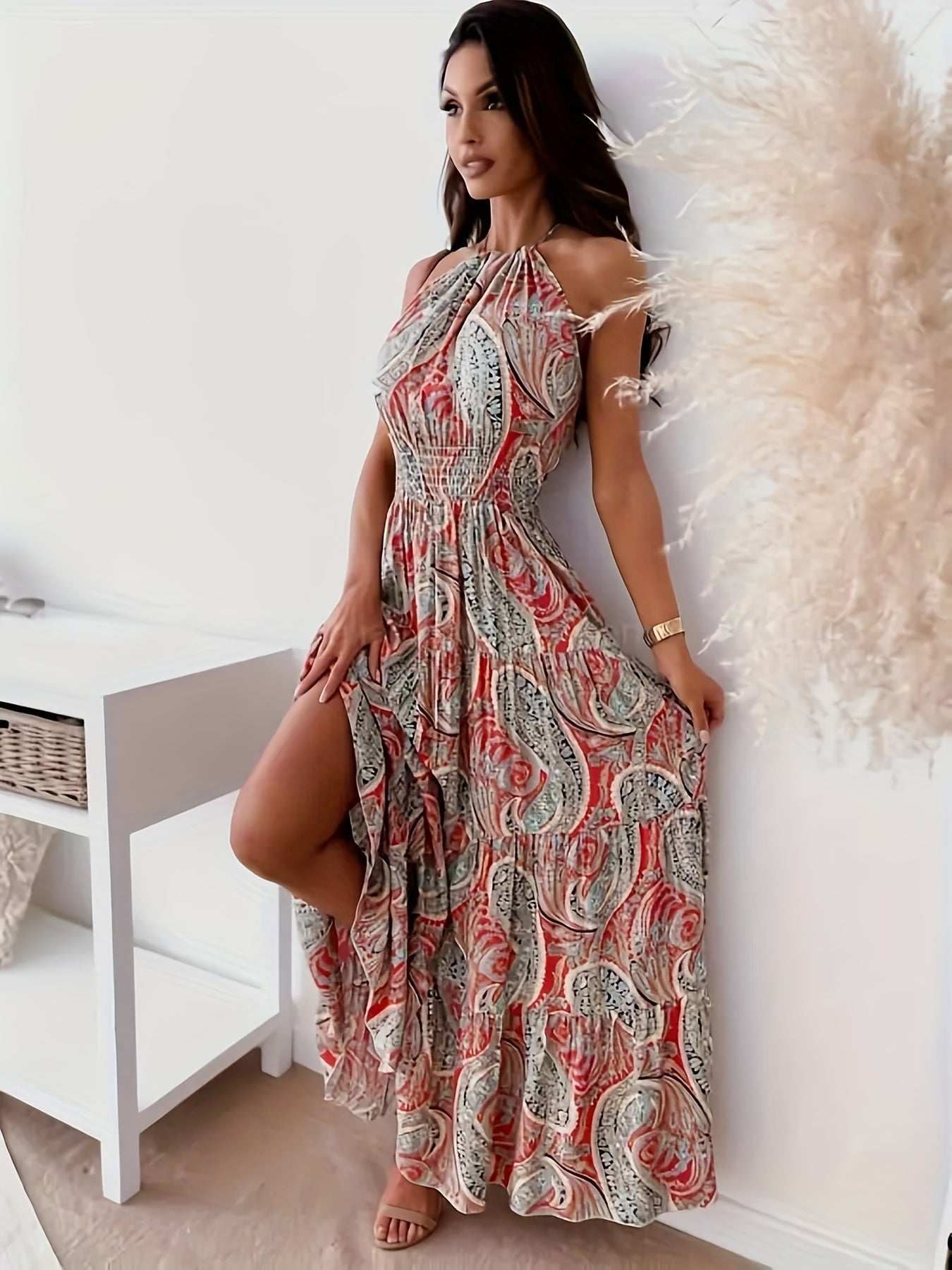 Dam Maxiklänning Stropplös Blommig Polyester För Sommar-3