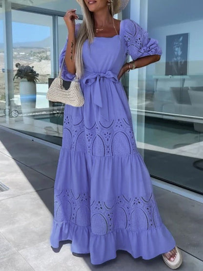 Maxiklänning Dam Fyrkantig Halsringning i Syntetfiber – Avslappnad Passform för Sommarfest 6