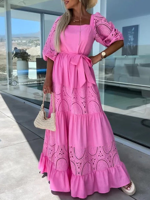 Maxiklänning Dam Fyrkantig Halsringning i Syntetfiber – Avslappnad Passform för Sommarfest 1