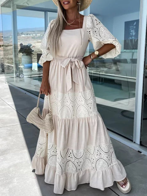 Maxiklänning Dam Fyrkantig Halsringning i Syntetfiber – Avslappnad Passform för Sommarfest 10