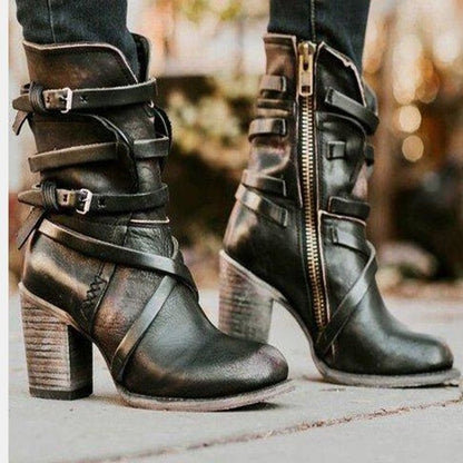 Dam Ankelstövlar Boho Stil PU-Läder med Fyrkantig Häl-2