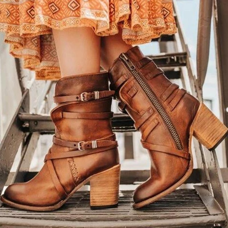 Dam Ankelstövlar Boho Stil PU-Läder med Fyrkantig Häl-3