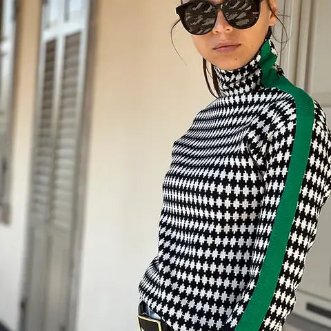 Dam Tröja Hög Krage Randig Andningsbart Material-6