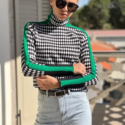 Dam Tröja Hög Krage Randig Andningsbart Material-2