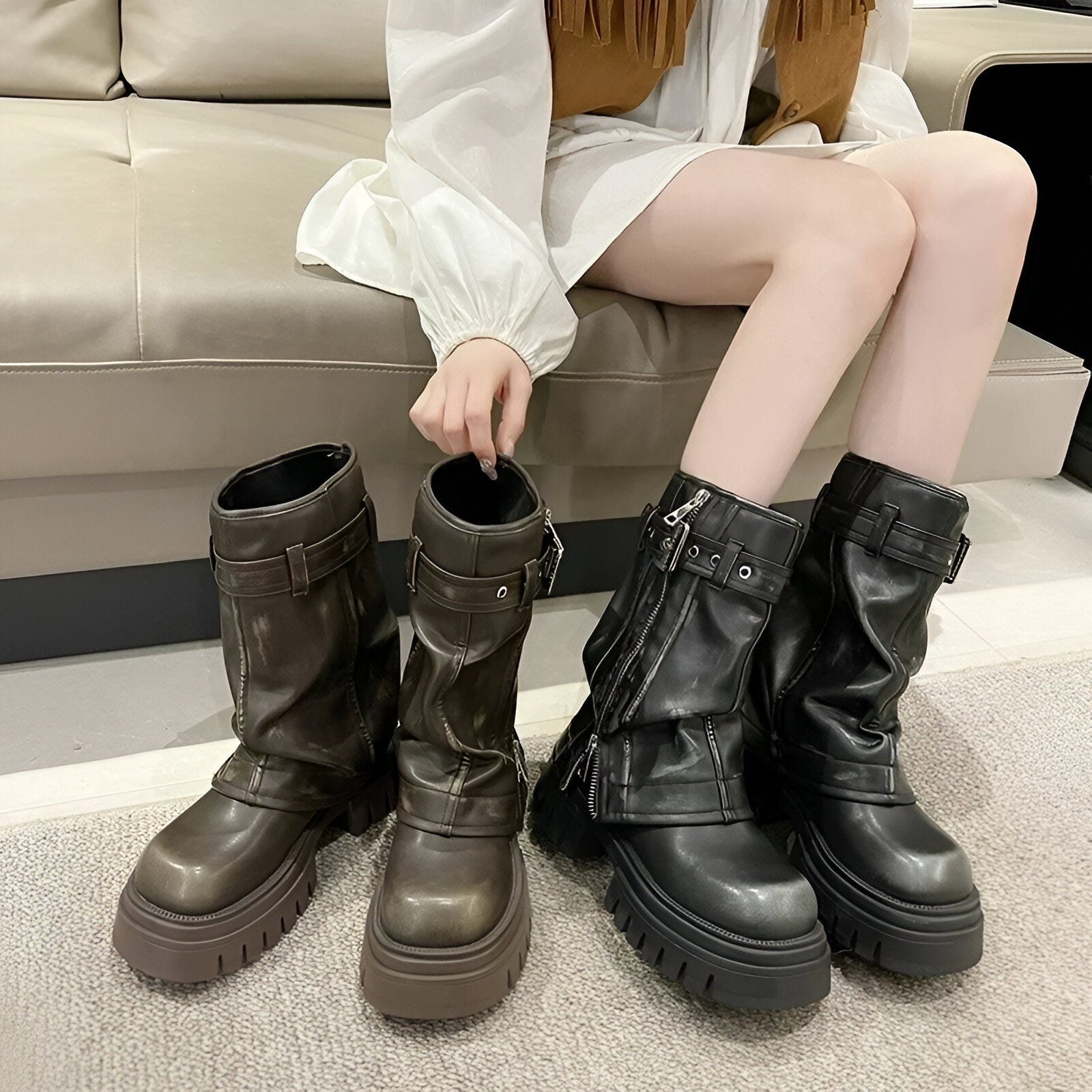 Fodrade Vinterstövlar Dam Medelhög Design Syntetisk Läder-5