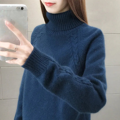 Stickad Dam Tröja Turtleneck Bomull Polyester Casual-6