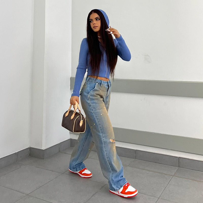 Dam Jeans Hög Midja Löst Fit Raka Ben Bomull 2