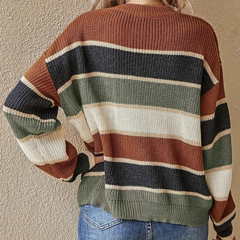 Stickad Dam Tröja Färgblock Cirkulär Halsringning Mjukt Material-3