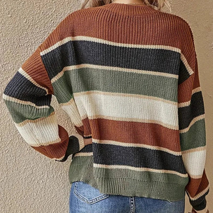 Stickad Dam Tröja Färgblock Cirkulär Halsringning Mjukt Material-3