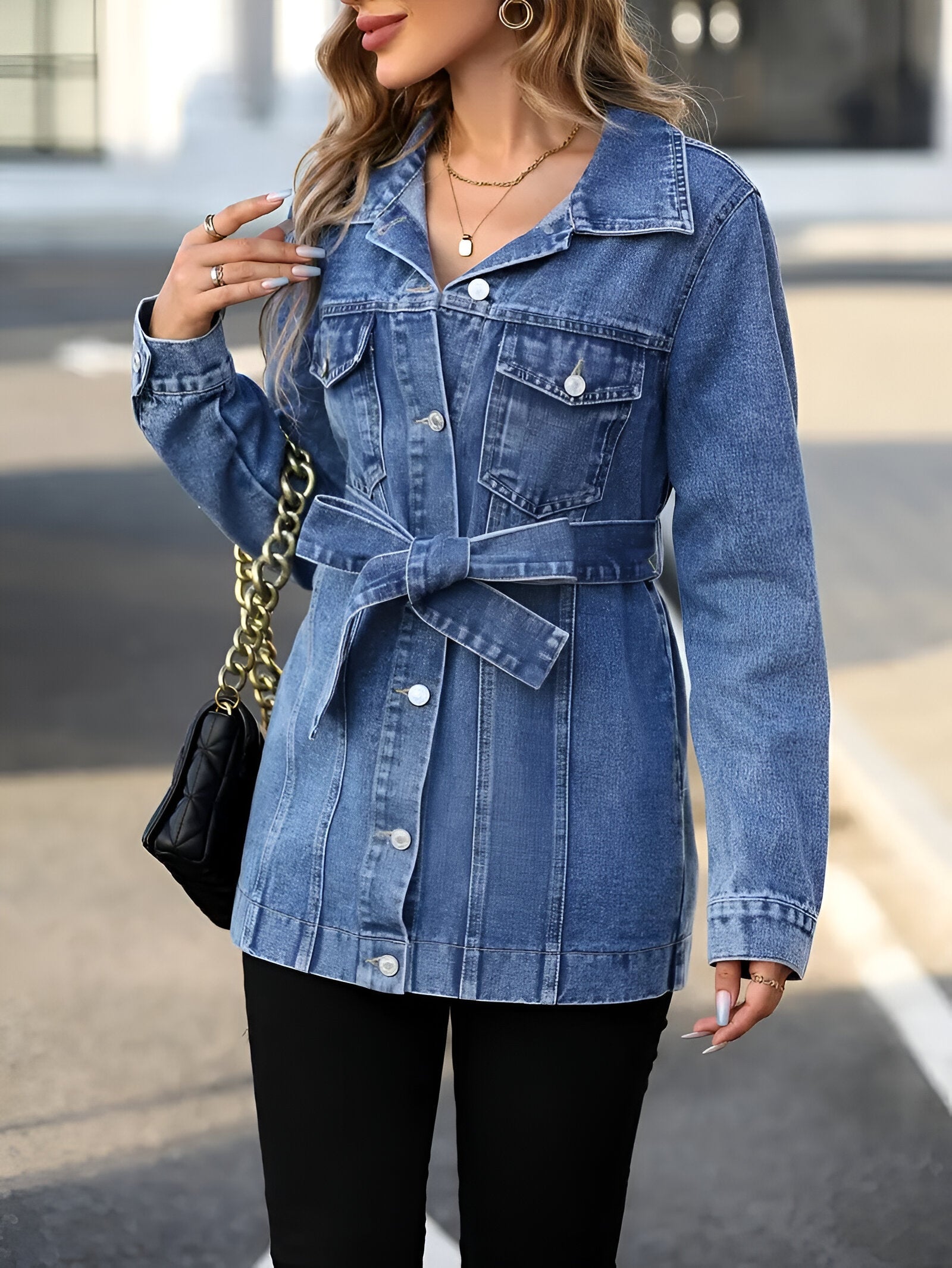 Dam Jeansjacka med Axelremmar i Denim-4