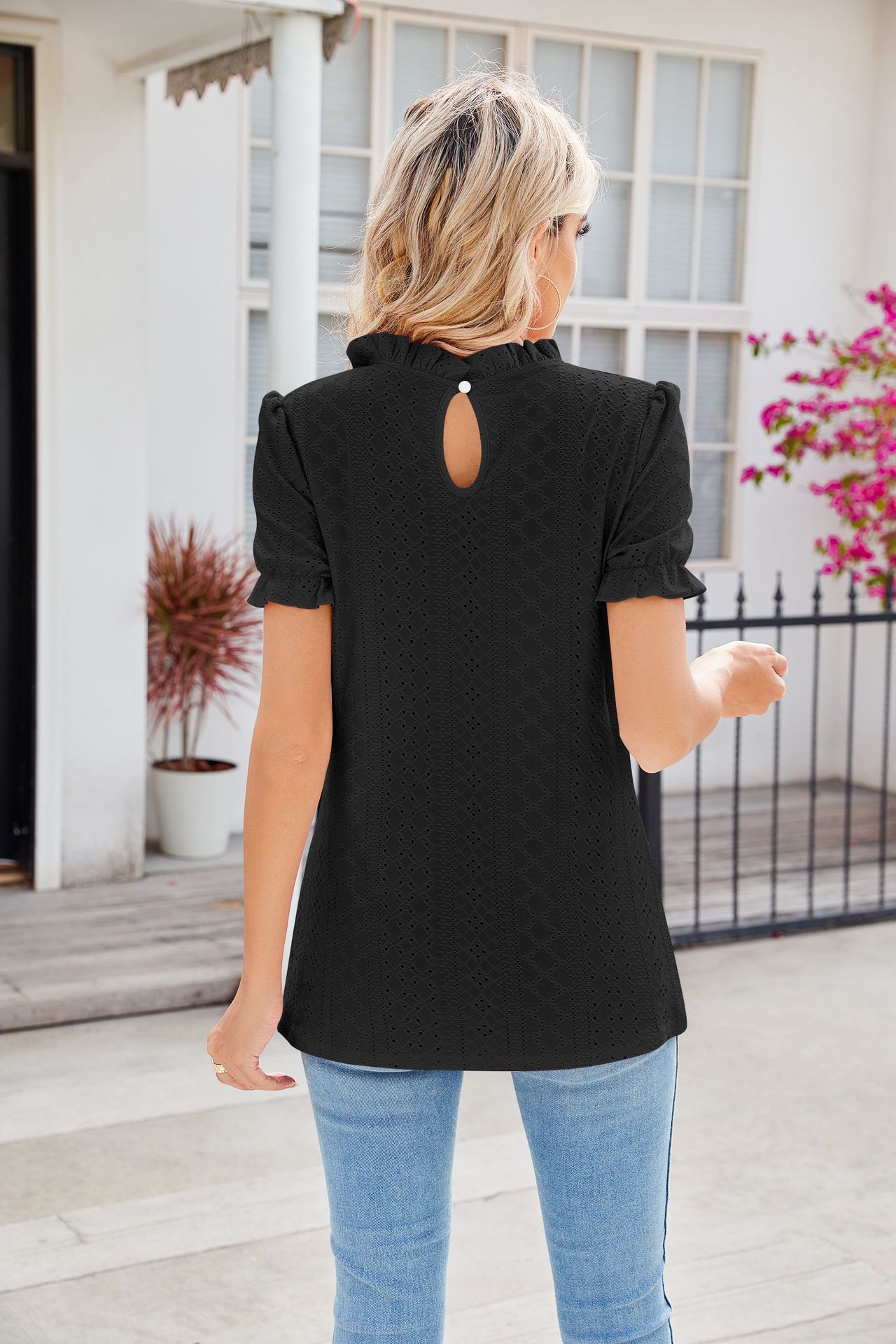 Kvinnors T-shirt Puffärmar Rund Halsringning 100% Bomull-2