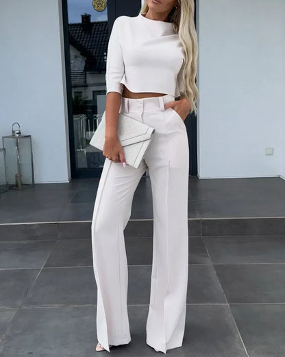 Kvinnors Jacka och Högmidjade Raka Byxor Set Andningsbart Material-2