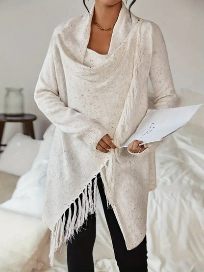 Stickad Dam Turtleneck Tröja med Fransar Asymmetrisk Akrylblandning-1